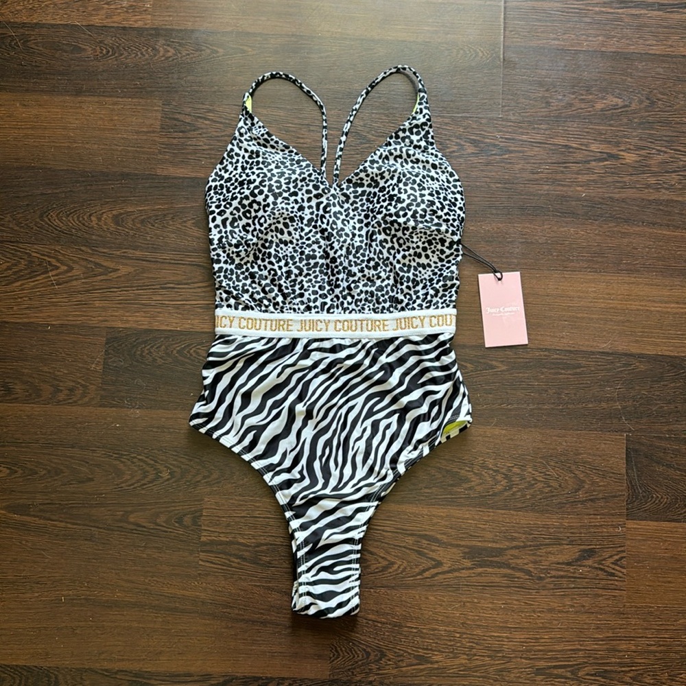 Juicy Couture One Piece Deep V Bathing Suit Leopard & Zebra Print Medium